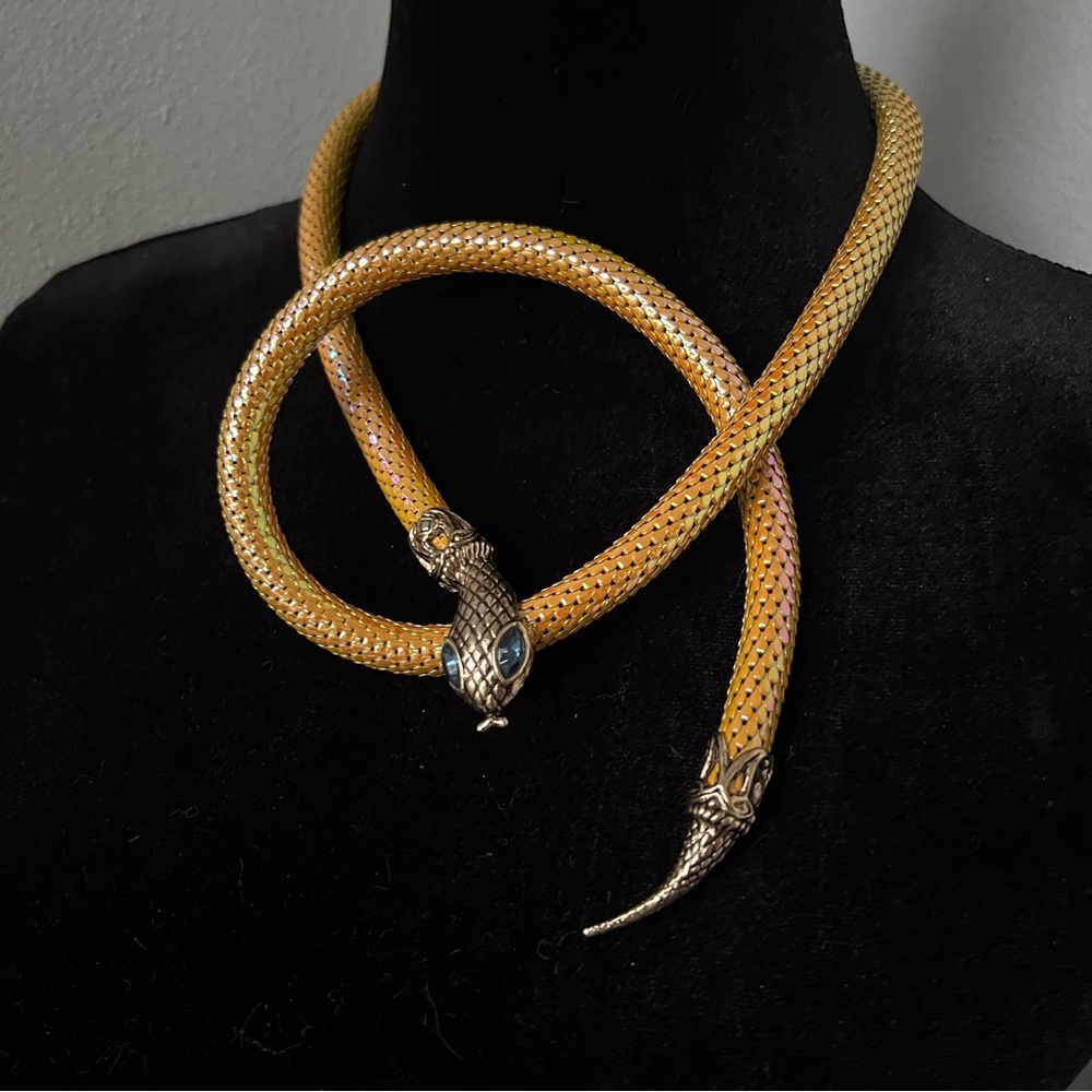 Rare D.L.Auld snake belt necklace serpent lariat iridescent yellow blue eyes 37”